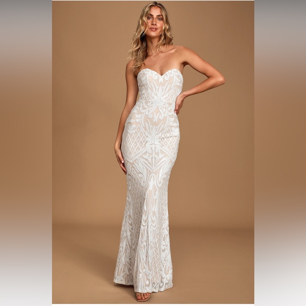 Lulus Olivia White Sequin Strapless Maxi Dress- Women’s S
